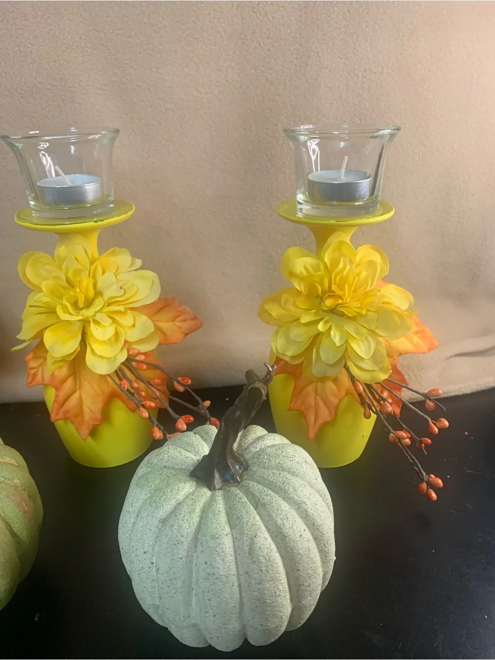 Yellow Floral Candle Holder Set with Decorative Pumpkins - Home Accents